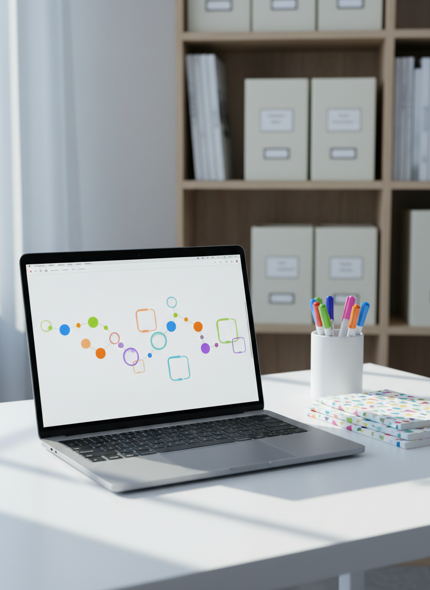 A sleek laptop with a bright, playful interface displaying a stylized digital memory timeline made of colorful dots and floating blank photo frames, all intentionally free of recognizable images or text. The laptop sits on a tidy white desk beside a small stack of patterned notebooks and a ceramic cup filled with vibrant pens. In the background, a softly blurred bookshelf holds labeled boxes and albums, suggesting organized archives. Soft, cool daylight from a nearby window reflects subtly on the laptop screen, while gentle shadows add depth. Photographic realism, captured at an eye-level angle with shallow depth of field, creates a modern, upbeat atmosphere emphasizing digital storytelling and preserving family memories online.