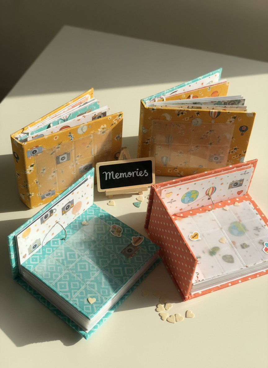 A cluster of overlapping photo albums in bright, playful fabric covers—turquoise, mustard yellow, and coral—spread out on a clean white table. Each album is slightly open, revealing glimpses of blank photo sleeves and decorative patterned pages, with a few vintage-style photo corners and stickers scattered nearby. A small chalkboard-style label reading “Memories” lies at the center. Natural morning light pours in from the right, creating soft highlights on the glossy plastic sleeves and subtle shadows between the books. Photographic realism, shot from a slightly elevated angle, with sharp focus across the scene to convey an organized, cheerful workspace ready for youth to fill with family stories.