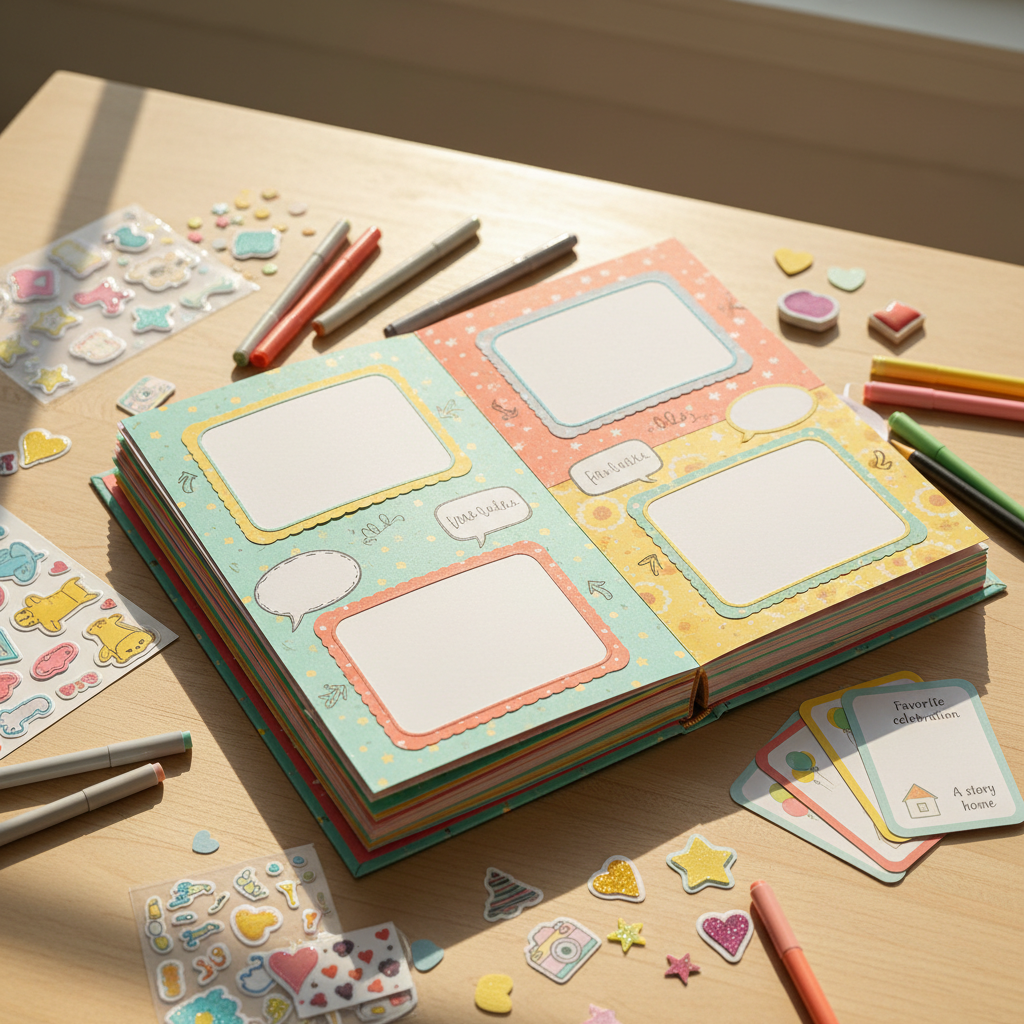 An open, colorful scrapbook lying on a light birch table, its pages thoughtfully arranged with blank pastel frames, decorative borders, and hand-drawn doodle-style arrows guiding where stories will go. Beside it, a small stack of illustrated prompt cards reads phrases like “Favorite celebration” and “A story from home,” though the card text itself is intentionally unreadable. A playful mix of markers, stickers, and paper shapes fans out around the book. Gentle golden-hour light from a nearby window bathes the scene in a warm glow, emphasizing the textures of paper and ink. Photographic realism, shot from a three-quarter overhead angle, evokes a cozy, creative space where youth can preserve and share family memories.