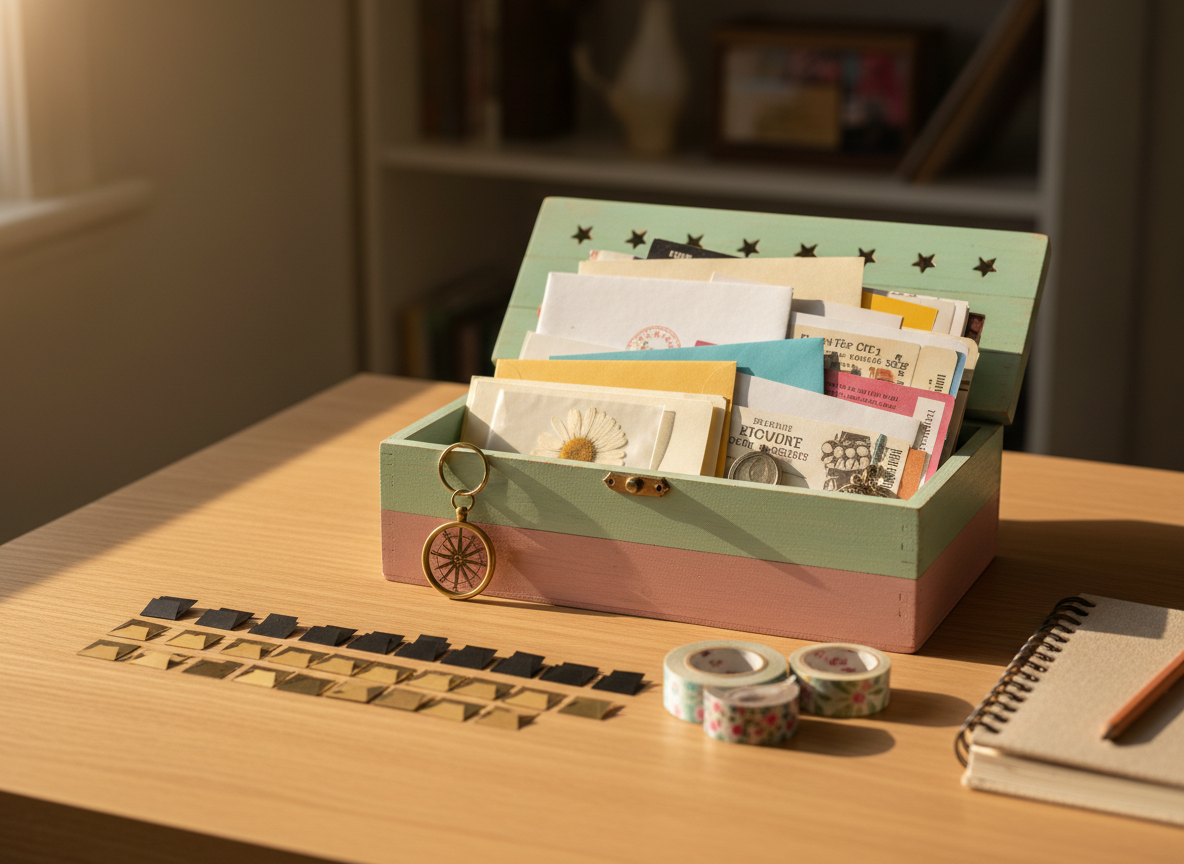 A well-worn, pastel-painted wooden memory box with tiny carved stars on the lid, slightly open to reveal a mix of colorful envelopes, ticket stubs, and small trinkets like a keychain and pressed flower. The box rests on a light oak desk scattered with neatly arranged photo corners, washi tape, and a spiral-bound journal. Soft afternoon light from an unseen window washes in from the left, casting gentle shadows and making the paper edges glow. Shot at eye level in photographic realism with a shallow depth of field, the scene feels playful and inviting, like a safe place to begin preserving family memories for the community.