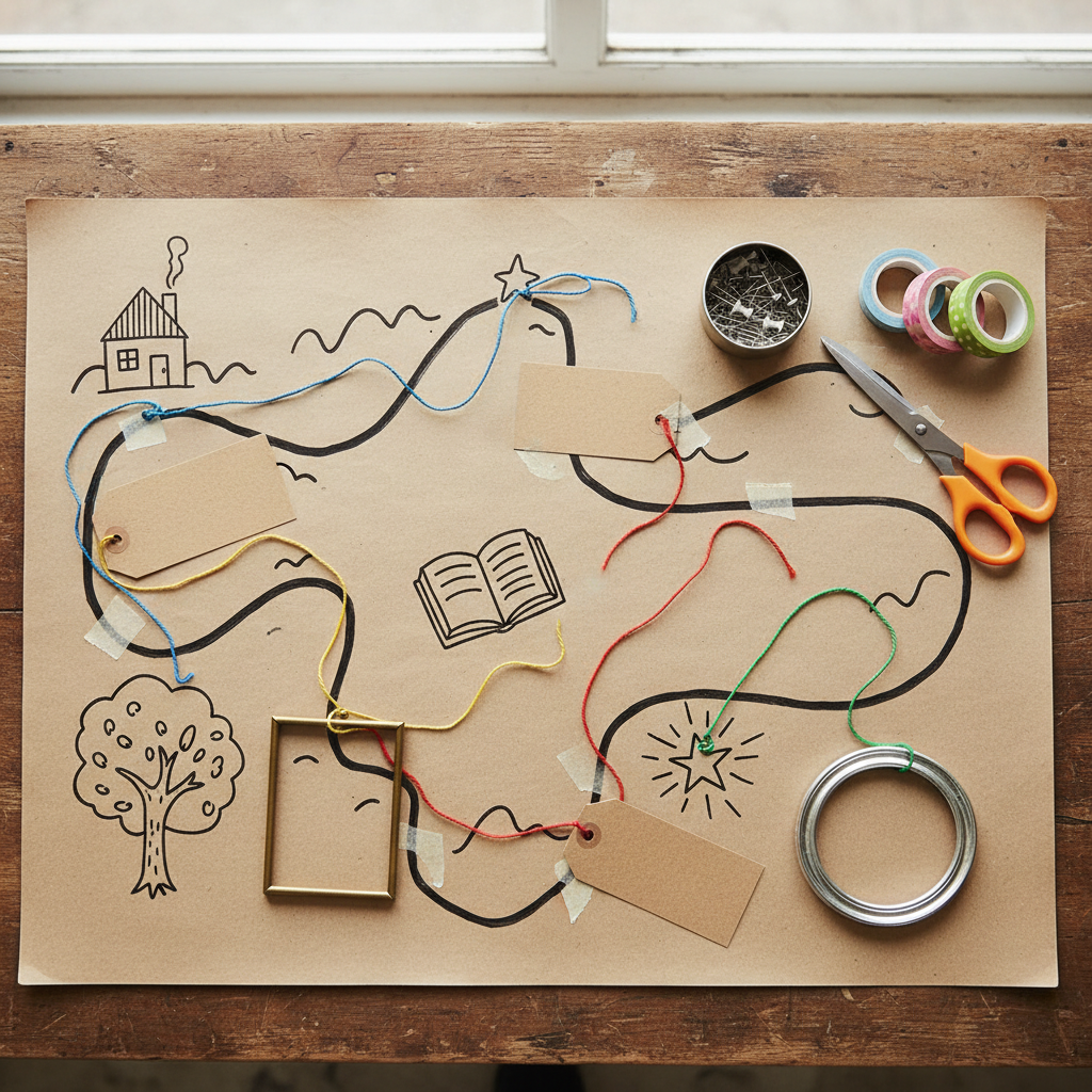 A whimsical “memory map” laid out on a large sheet of kraft paper spread across a tabletop, with a playful hand-drawn path weaving between illustrated icons of a house, a tree, a book, and a star, all intentionally simplified and text-free. Colorful string links some of the icons to blank tags and empty photo frames taped lightly to the paper. A small tin of pushpins, scissors, and rolls of patterned tape clusters in one corner. Soft overcast daylight from above creates even, gentle illumination with minimal shadows. Photographic realism, shot from a bird’s-eye view, gives the scene a creative, exploratory mood, perfect for guiding youth through mapping their family memories.