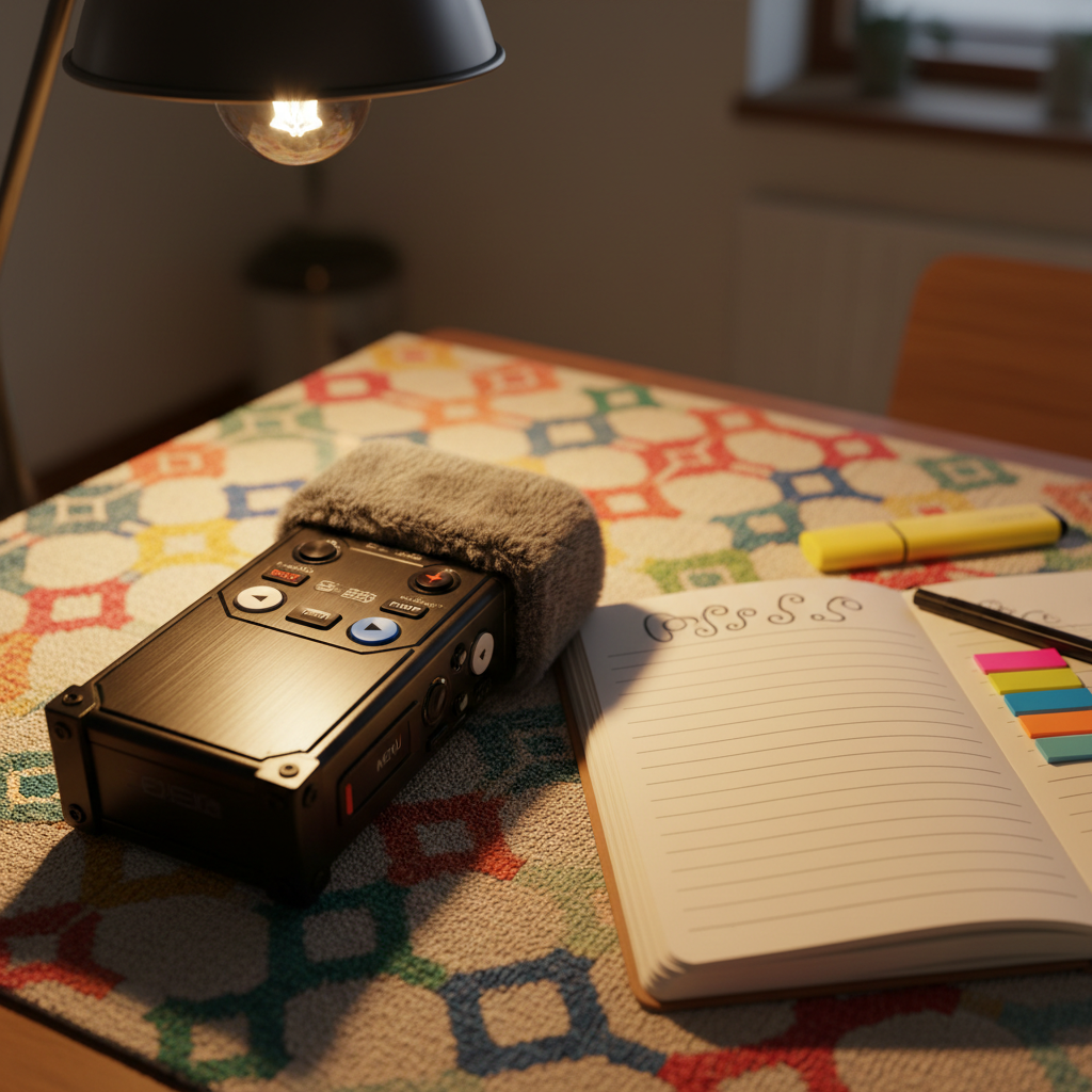 A sturdy, portable audio recorder with large, clearly marked buttons and a fuzzy windscreen, resting on a colorful woven table runner patterned with playful geometric shapes. Next to it lies an open notebook with wide, blank lines and a friendly, rounded font title that is intentionally unreadable, along with a highlighter and sticky tabs. Warm pendant lighting from above creates soft reflections on the recorder’s metallic surface and rich shadows in the fabric’s texture. Photographic realism, shot from a close-up, slightly tilted angle, focuses sharply on the recorder while the background fades gently, suggesting an inviting, creative setup for capturing and preserving spoken family stories for the community.